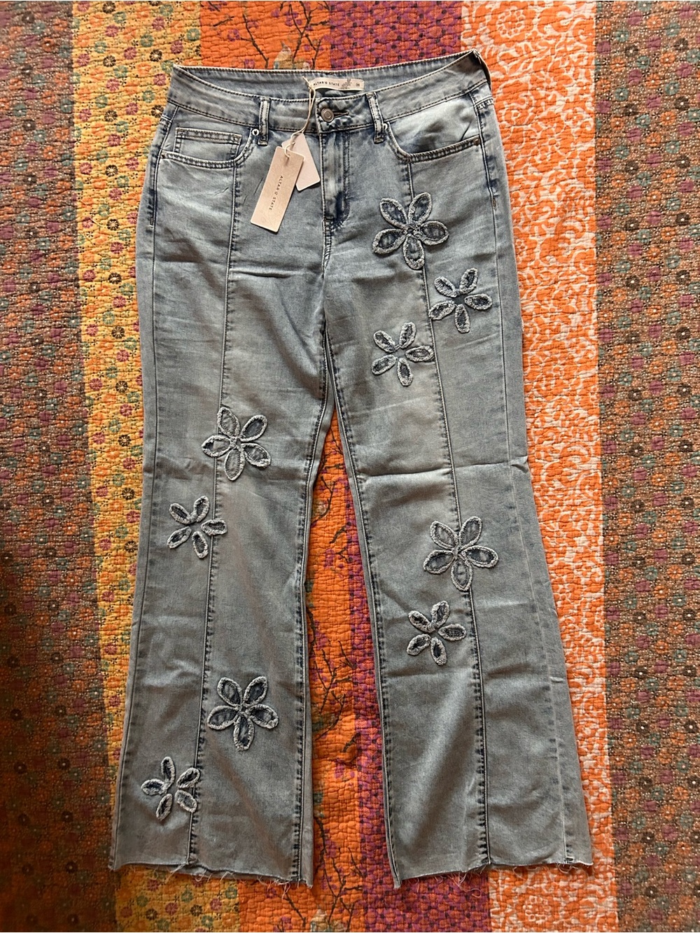 Altar'd State Light Blue Floral Appliqué Flare Jeans